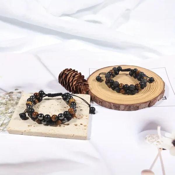 Pulsera de Ojo de Tigre, Obsidiana Negra y Hematita